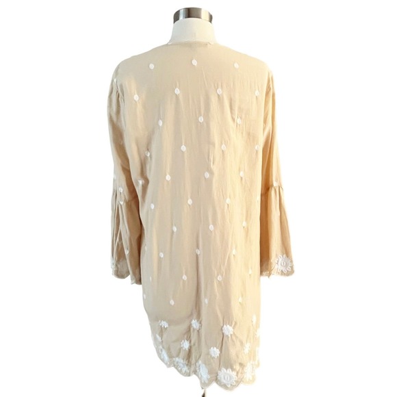 ANTONIO MELANI CoverUp Tunic Tan Embroidery Lace Details Bell Sleeves Neck Tie - Picture 9 of 10